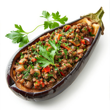 A delicious Turkish karniyarik, eggplant stuffed with minced meat and vegetables, garnished with fresh parsley, isolated on white background.の素材