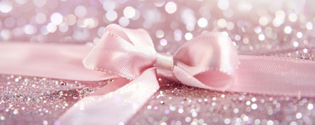A delicate rose pink ribbon bow on a white glitter background. The soft color and sparkling texture create a sweet and elegant feel.の素材