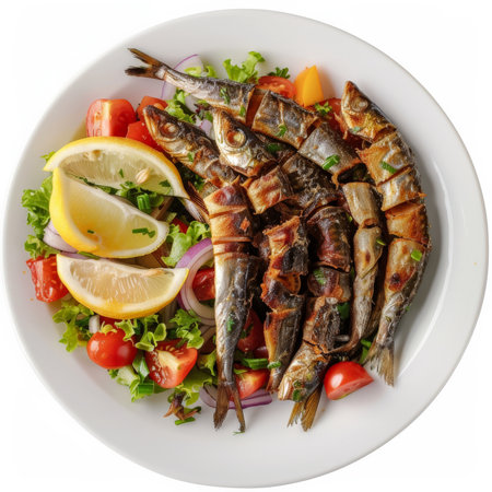 A delicious plate of Turkish hamsi tava, fried anchovies served with a side of fresh salad, garnished with lemon wedges, isolated on white background.の素材
