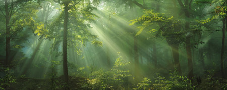 A dense forest with vibrant green trees enveloped in a misty fog. The sunlight filters through the canopy, creating rays of light that pierce the fog and illuminate the forest floor.の素材