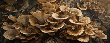 A dense cluster of mushrooms growing on a decaying tree stump, their caps in various shades of brown and beige. The rich, earthy tones and natural textures create a visually captivating scene.の素材