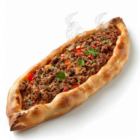 A delicious Turkish pide, boat-shaped flatbread with minced meat and vegetables, freshly baked and steaming, isolated on white background.の素材