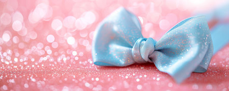 A delicate baby blue ribbon bow on a pink glitter background. The soft, pastel colors and shimmering texture create a sweet and charming look.の素材