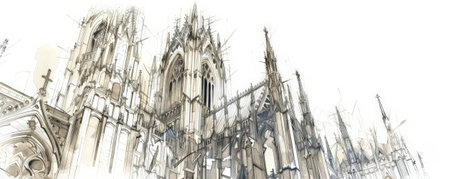 A detailed sketch of a Gothic cathedral, with elaborate spires, flying buttresses, and stained glass windows. The white background emphasizes the intricate and ornate features of the architecture.の素材