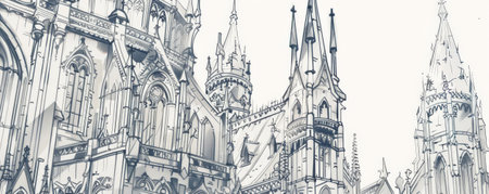 A detailed sketch of a Gothic cathedral, with elaborate spires, flying buttresses, and stained glass windows. The white background emphasizes the intricate and ornate features of the architecture.の素材