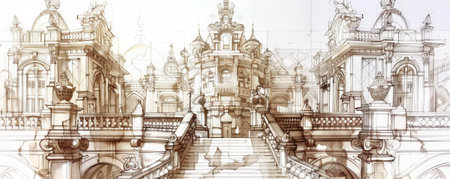 A detailed sketch of a historic European palace, with grand staircases, ornate facades, and symmetrical design. The white background highlights the opulence and architectural complexity.の素材