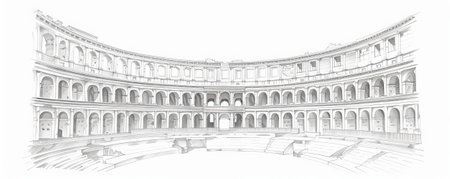 A detailed sketch of a classic Roman amphitheater, with carefully rendered arches and columns on a clean white background. The sketch highlights the grandeur and symmetry of ancient architecture.の素材