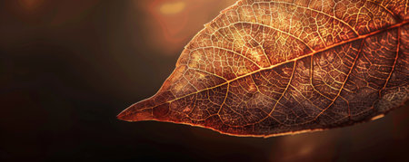 A detailed close-up of a single autumnal leaf with a rich, textured surface in shades of burnt orange and gold. The dark, blurred background provides a stark contrast, making the leaf's veins and edges pop, showing nature's intricate design.の素材