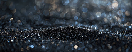 A detailed shot of black glitter with selective focus, highlighting the sharp, reflective particles in the foreground against a softly blurred, dark background, creating a dramatic effect.の素材