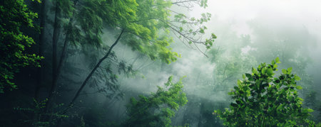 A foggy forest with vibrant green trees, their leaves dripping with moisture from the mist. The fog creates a sense of depth and distance, making the forest feel endless and serene.の素材