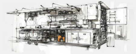A detailed sketch of a military field kitchen, showing its cooking equipment, storage compartments, and mobility features. The white background emphasizes the kitchen's design and functionality.の素材