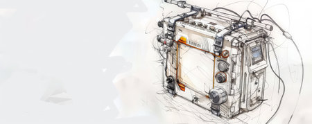 A detailed sketch of a portable field radio, featuring its antenna, control knobs, and battery pack. The white background emphasizes the radio's design and communication capabilities.の素材
