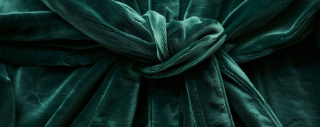 A luxurious velvet robe in deep green, tied with a precise and elegant knot. The rich texture and the knot's sophistication create a regal appearance.の素材