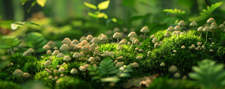 A lush, green forest floor dotted with clusters of small, delicate mushrooms. The vibrant green of the moss and leaves contrasts with the muted tones of the mushrooms.の素材