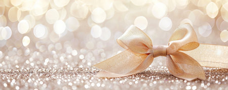 A luxurious champagne gold ribbon bow on a white glitter background. The rich color and sparkling texture create a sophisticated and elegant feel.の素材