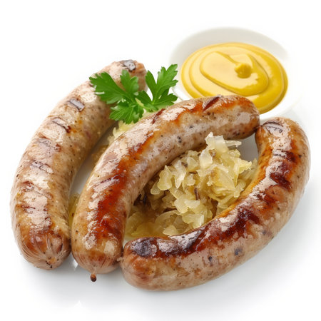 A hearty German bratwurst sausage, served with a side of sauerkraut and mustard, isolated on white background.の素材