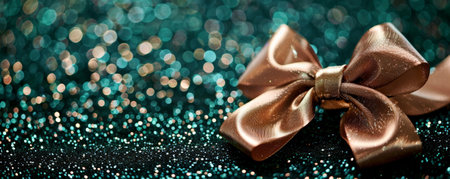 A luxurious bronze ribbon bow on a dark green glitter background. The rich colors and shimmering backdrop create an opulent and elegant look.の素材