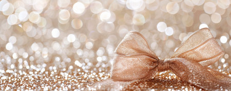 A luxurious champagne gold ribbon bow on a white glitter background. The rich color and sparkling texture create a sophisticated and elegant feel.の素材