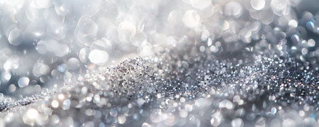 A macro shot of silver and white glitter with selective focus, emphasizing the sharp, sparkling particles in the foreground while the background blurs into a soft, snowy haze.の素材