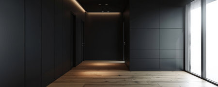 A minimalist hallway with built-in storage and a dark wall. The dark background creates a clean and sophisticated look.の素材