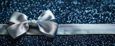 A metallic silver ribbon bow on a dark, midnight blue glitter background. The combination exudes a modern and stylish feel.の素材