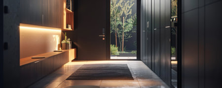 A modern hallway with sleek, built-in storage and a dark wall. The minimalist design and dark background create a clean and sophisticated look.の素材