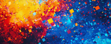 A mosaic pixel background with a combination of bright primary colors like red, blue, and yellow. The bold and vibrant pixels create a playful and energetic design.の素材