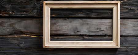A minimalist wooden picture frame with a light, natural finish, set against a dark, weathered wooden background. The clean lines of the frame contrast with the rugged texture of the wood.の素材
