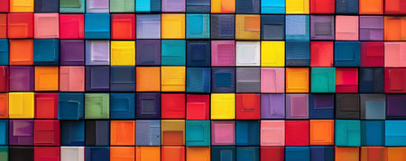 A mosaic pixel background with bright, primary colors arranged in a checkerboard pattern. The bold and vibrant pixels create a playful and dynamic design.の素材