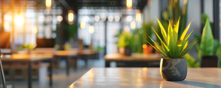A modern office interior with a blurred background showing sleek desks, potted plants, and bright lighting, creating a fresh and vibrant environment.の素材