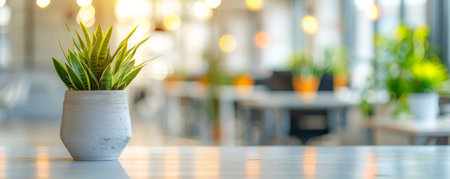 A modern office interior with a blurred background showing sleek desks, potted plants, and bright lighting, creating a fresh and vibrant environment.の素材