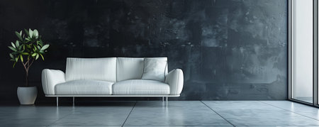 A minimalist living room with sleek, modern furniture against a dark gray wall. The furniture is white and features clean lines, while the dark wall creates a bold contrast, enhancing the room's modern aesthetic.の素材