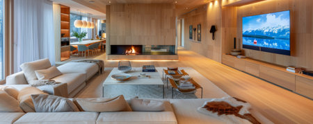 A modern wooden living room with a TV above a sleek fireplace, comfortable seating, and minimalist decor. Use light wood and neutral colors for a serene atmosphere.の素材