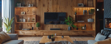 A modern wooden living room with a TV on a custom-built wooden wall, stylish shelves, and cozy furniture. Warm wood tones and soft fabrics for a comfortable space.の素材