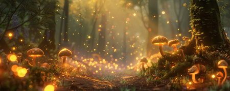 A mystical forest scene with mushrooms of various shapes and sizes glowing softly in the dim light. The ethereal glow and natural setting create a magical atmosphere.の素材