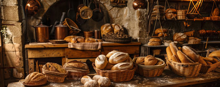 A picturesque bakery corner with a stone oven emitting warmth and a pleasant glow. Baskets of crusty baguettes and rustic bread loaves are arranged on a wooden table, surrounded by flour-dusted countertops and hanging copper pots.の素材