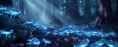 A mystical scene with bioluminescent mushrooms casting a soft, blue light on the forest floor. The ethereal glow and natural setting create a magical and enchanting atmosphere.の素材