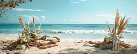 A natural beach podium with driftwood and seaweed decorations, positioned on a tranquil beach with gentle waves and a blue horizon. The podium blends seamlessly with the natural beach environment.の素材