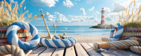 A nautical-themed beach podium with rope and anchor decorations, positioned on a sunny beach with a lighthouse in the distance. The podium features blue and white stripes, reminiscent of a sailor's uniform.の素材