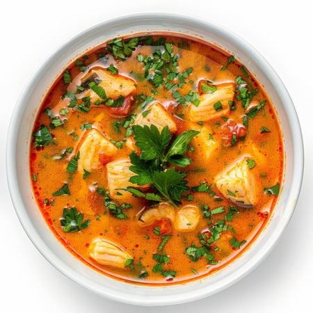 A bowl of Hungarian halÃÂ¡szlÃÂ©, a spicy fish soup made with paprika, garnished with fresh parsley, isolated on white background.の素材