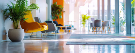 A blurred office background showing a bright and spacious reception area with modern seating and large windows, creating a professional and inviting space.の素材
