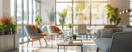 A bright, airy office with a blurred background showing dÃÂ©cor, comfortable seating, and large windows, conveying a welcoming and modern vibe.の素材
