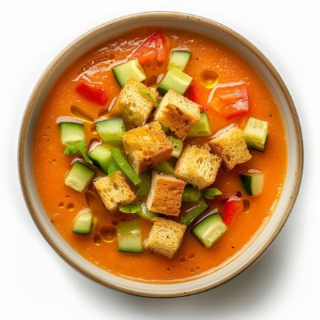 A bowl of Spanish gazpacho, chilled tomato soup with cucumber, bell peppers, and olive oil, garnished with croutons, isolated on white background.の素材