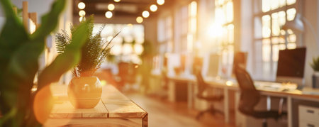 A brightly lit office with a blurred background of workstations, computers, and stylish decor, creating an inspiring and productive workspace.の素材