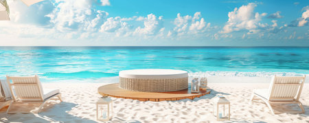A chic summer beach podium with a white wicker design, set on a sandy beach with turquoise waters in the background. The podium is surrounded by stylish beach chairs and elegant sunshades, perfect for a sophisticated beach event.の素材