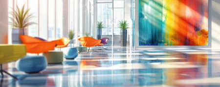 A contemporary office interior with a blurred background of vibrant artwork, colorful office furniture, and large windows, giving a dynamic and creative ambiance.の素材