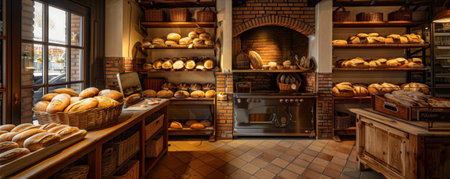 A cozy bakery interior with a vintage brick oven and shelves filled with assorted bread loaves, from classic French baguettes to hearty multigrain breads. Soft lighting enhances the warm, welcoming atmosphere, with space for text or logo placement.の素材