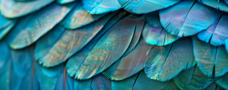 A close-up of iridescent feathers in shades of blue and green, arranged in a fan pattern. The shimmering colors and delicate textures create a visually striking background.の素材
