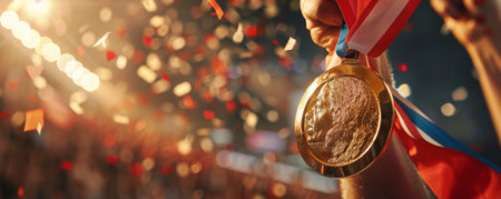 A close-up of a medal being placed around someone's neck, with confetti and cheering crowds in the background. The moment captures the essence of victory and celebration.の素材