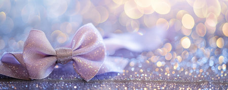 A delicate lavender ribbon bow on a silver and gold mixed glitter background. The soft color palette and shimmering textures create a gentle, elegant look.の素材